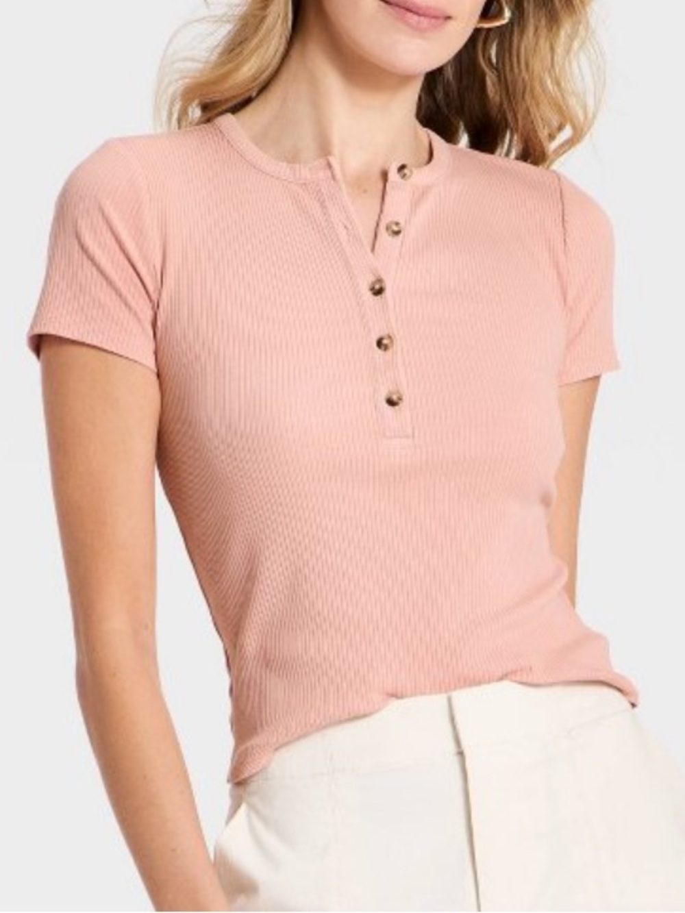 Ribbed Short-Sleeve Henley Tee in Dusty Pink